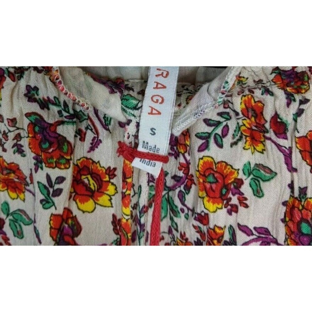 Raga Mini Tunic Dress Floral Tassel Shirred Bohemian Off Shoulder Size Small - Picture 10 of 11